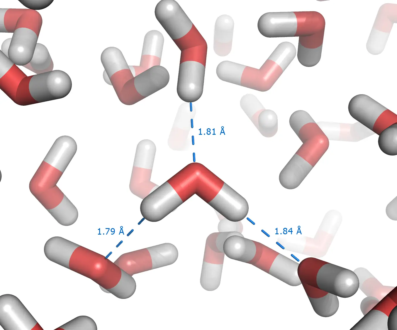 TIP3P 水模型和 CHARMM 力场语境下的液态水分子动力学示意快照
